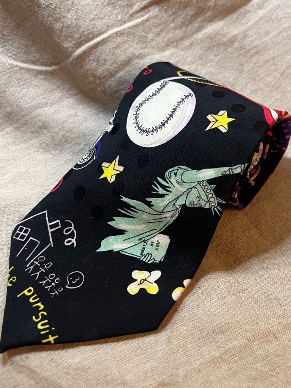 Vintage Nicole Miller Silk Tie Americana Statue Liberty USA Flag Novelty 90s